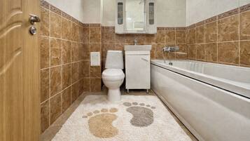 Hair dryer, towels, soap, toilet paper