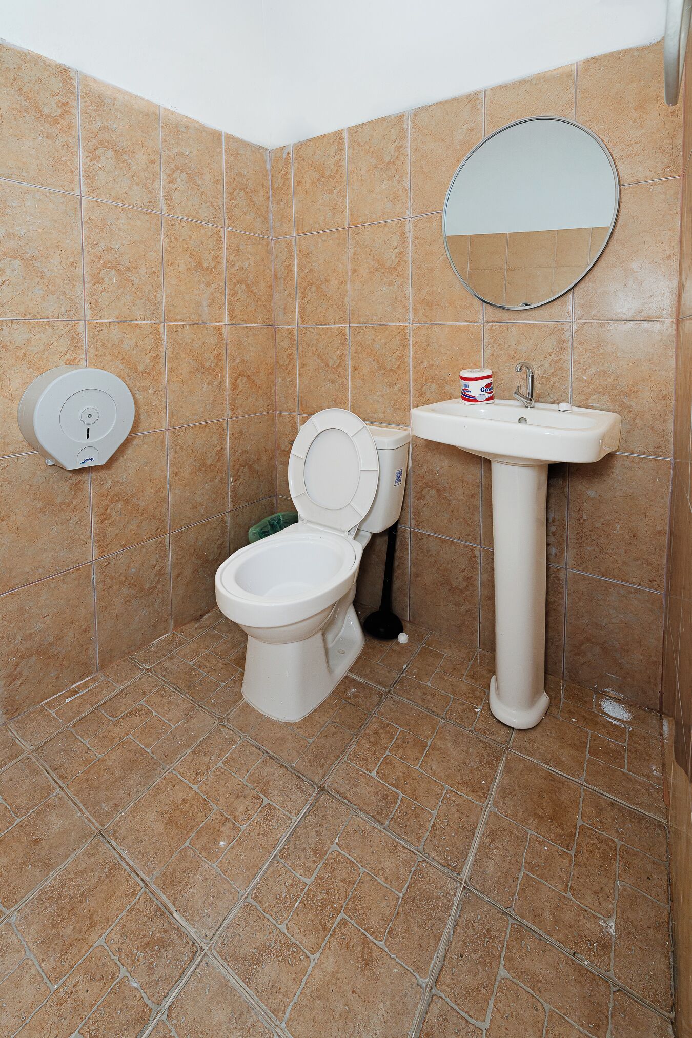 A bathroom with a toilet, sink, and mirror.