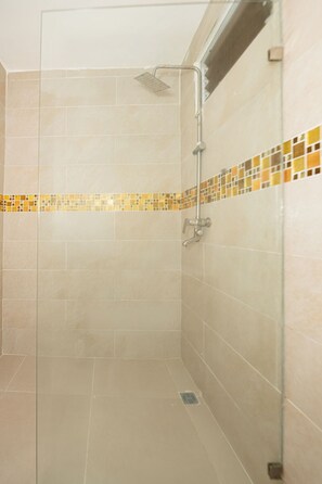 Habitación familiar con 1 cama matrimonial o 2 individuales | Baño | Regadera, toallas, jabón, papel de baño 