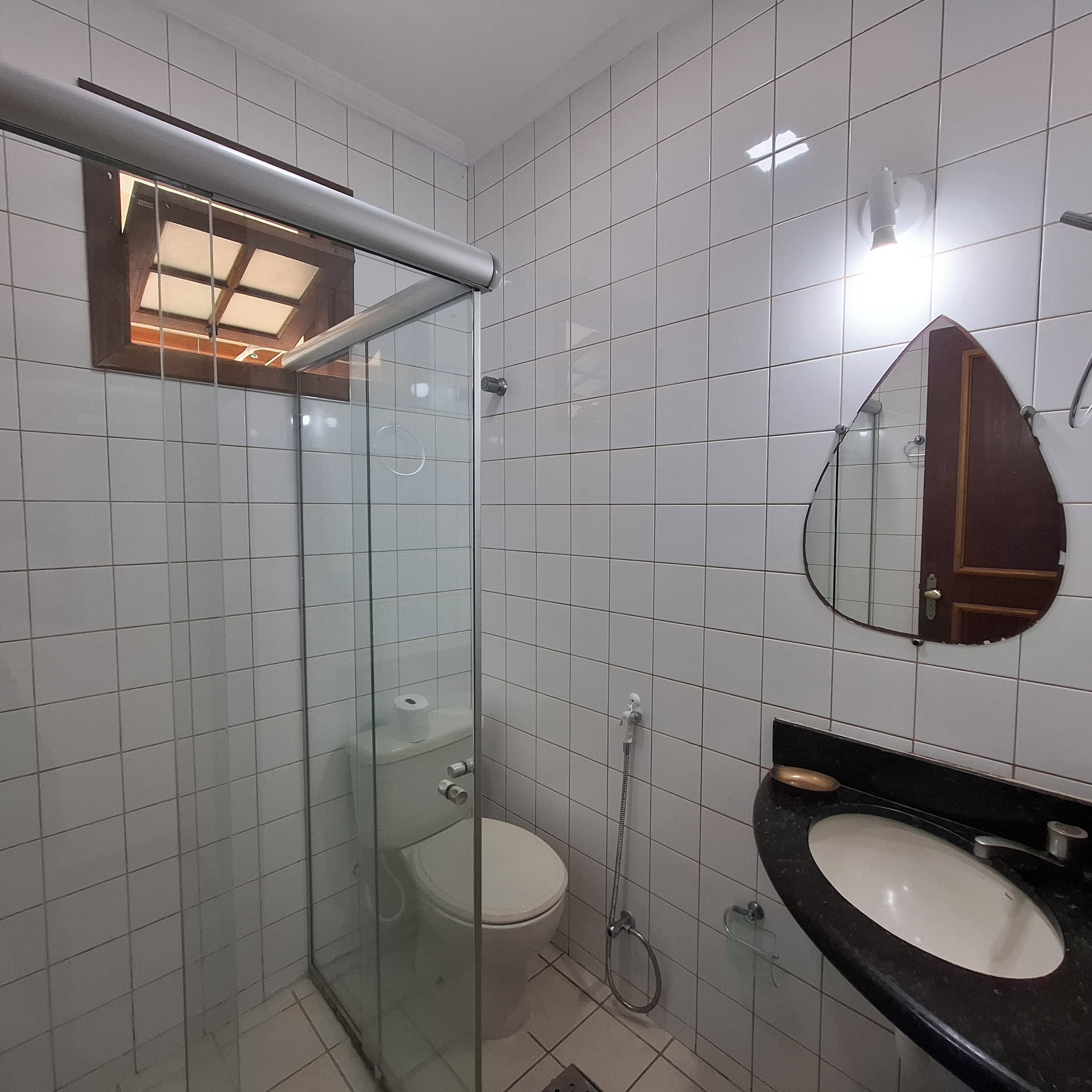 Un bagno con doccia vetrata, un water, un lavandino e uno specchio.