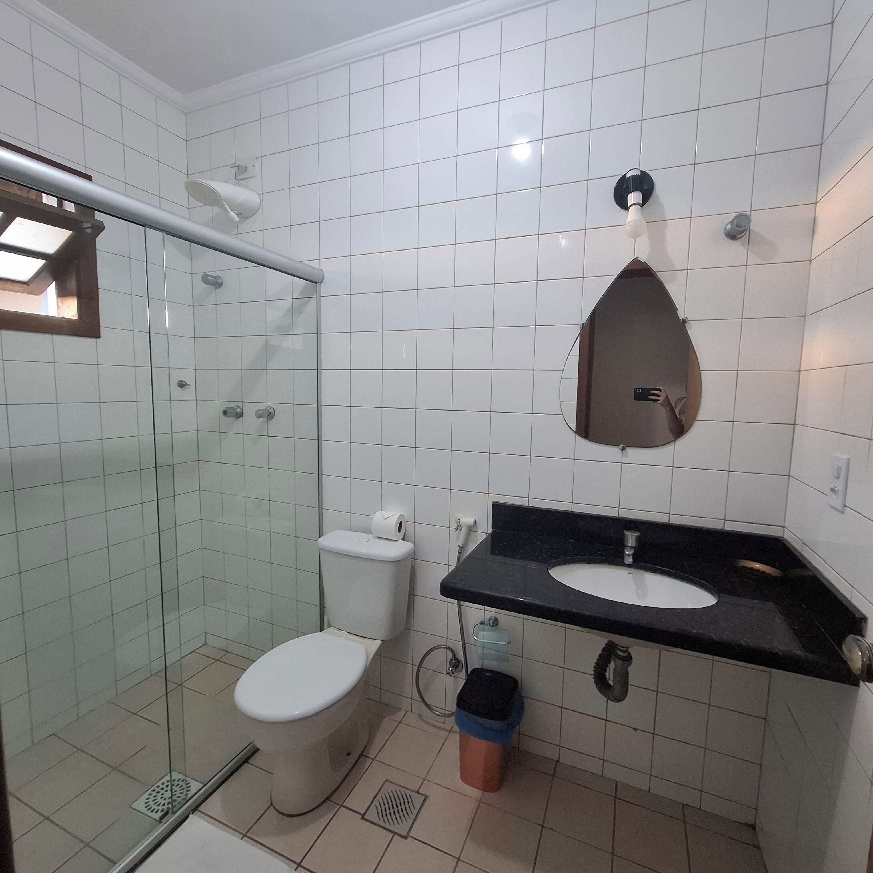 A bathroom with a glass shower enclosure, a white toilet, a black sink with a mirror above, and a trash bin.