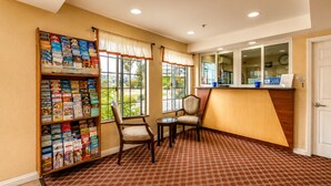 Eine Hotelhalle mit Empfangstheke, einer Bücherwand mit Reiseführern, zwei Sesseln und großen Fenstern mit Vorhängen.