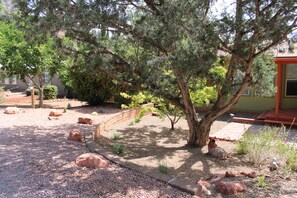 Ein angelegter Garten mit einem großen Baum, Kieswegen und einer Backsteinmauer.
