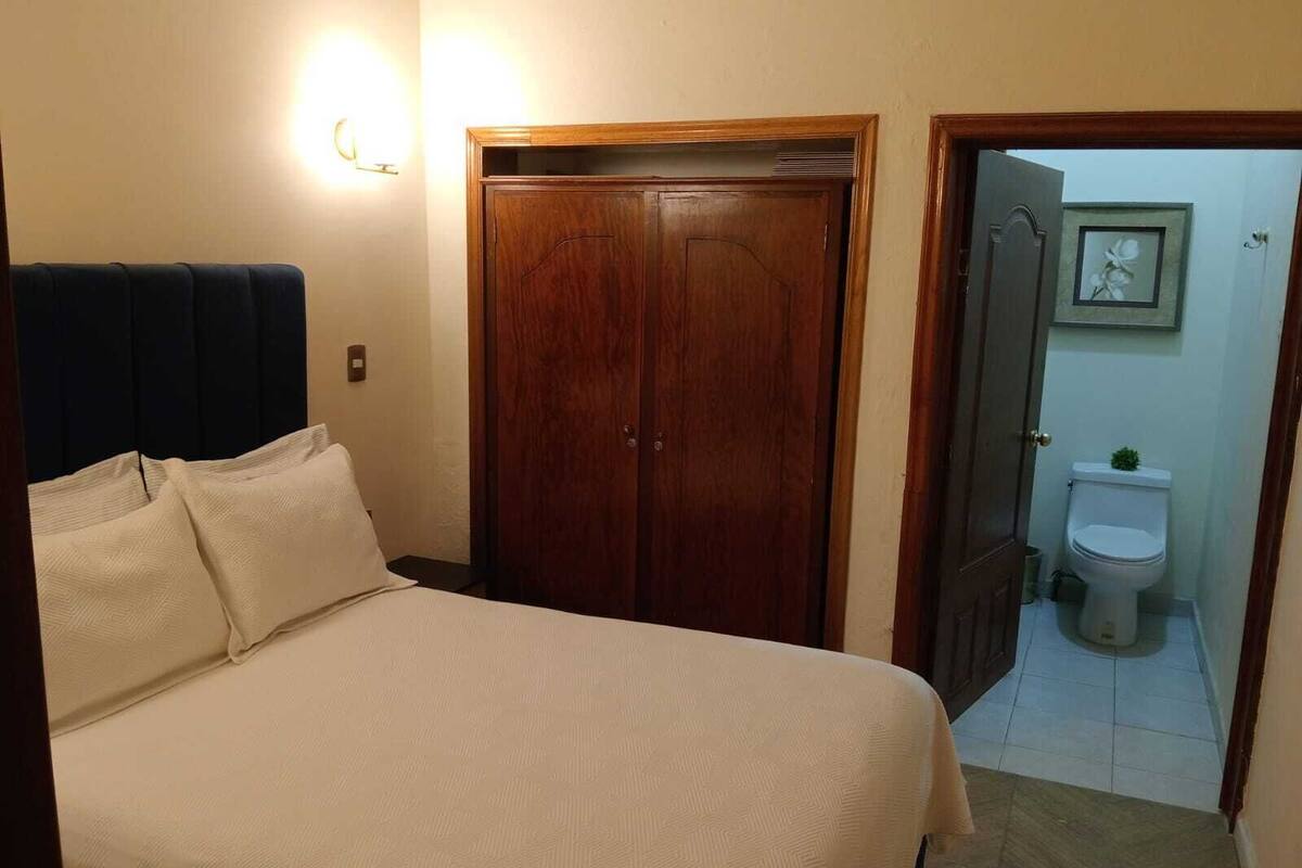 Un dormitorio con cama, armario y baño con inodoro y lavabo.