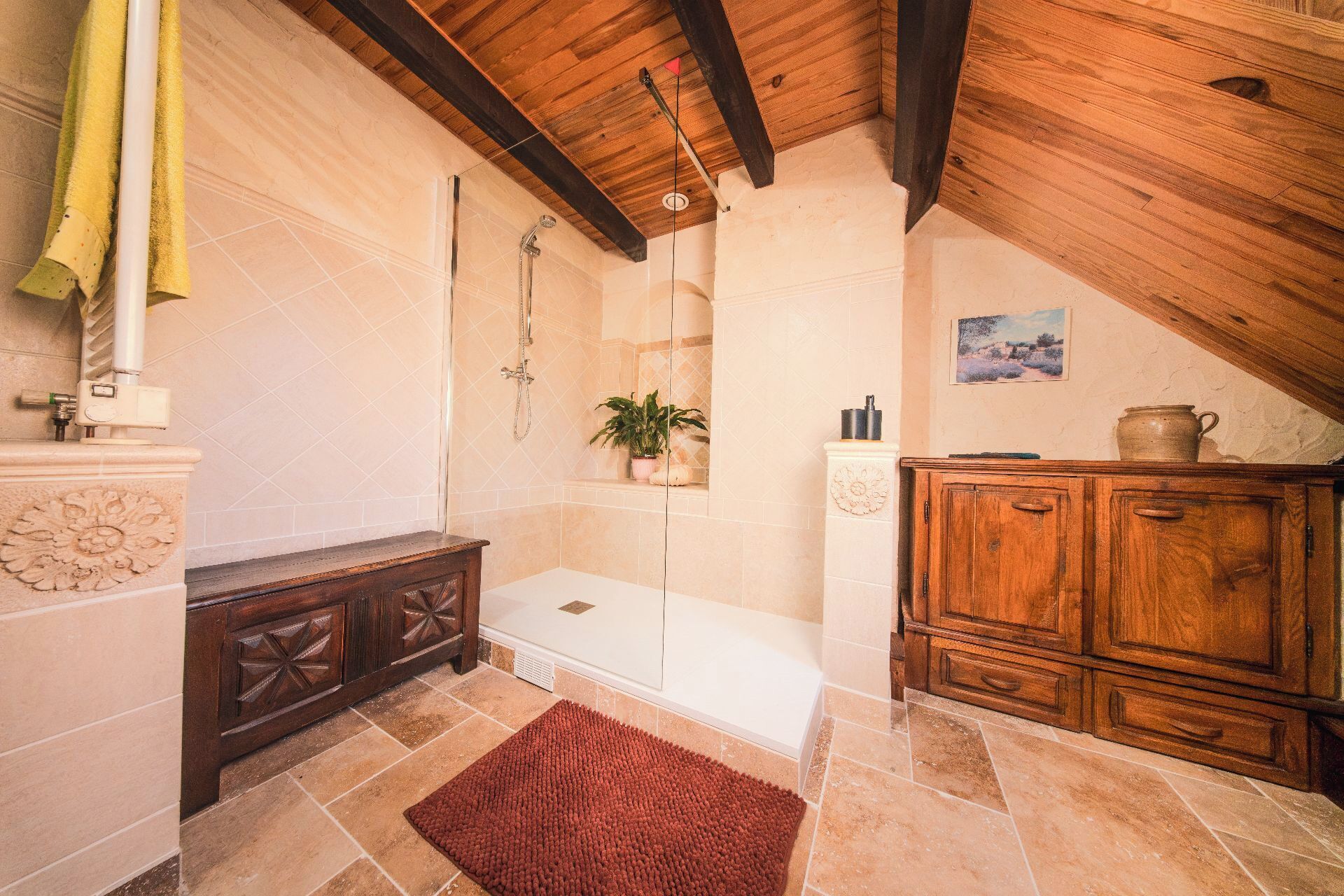 Shower, hair dryer, towels, toilet paper