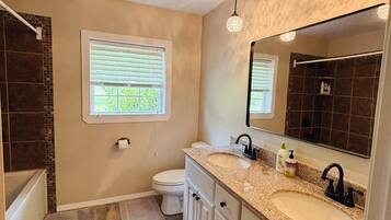 Hair dryer, towels, toilet paper