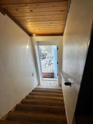 A wooden staircase leading to a door with a view of a dog outside.