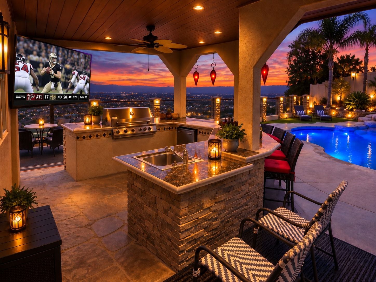 An outdoor kitchen area with a TV displaying a football game, a pool, and seating with a view.
