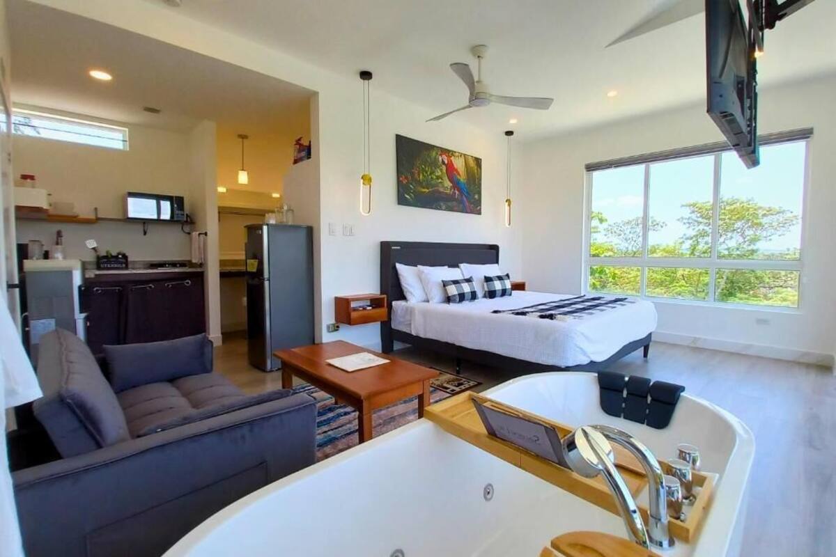 Una habitación de hotel moderna con una cama grande, un sofá, una zona de cocina y una bañera.