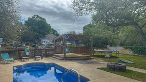 A backyard with a swimming pool, a wooden deck, and a gazebo. - Inlet Life -Private Dock/Pool- (Murrells Inlet)