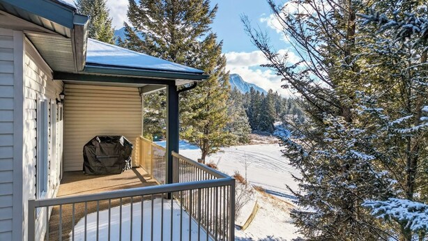 Um deck coberto com uma churrasqueira, uma paisagem coberta de neve e uma montanha ao fundo.