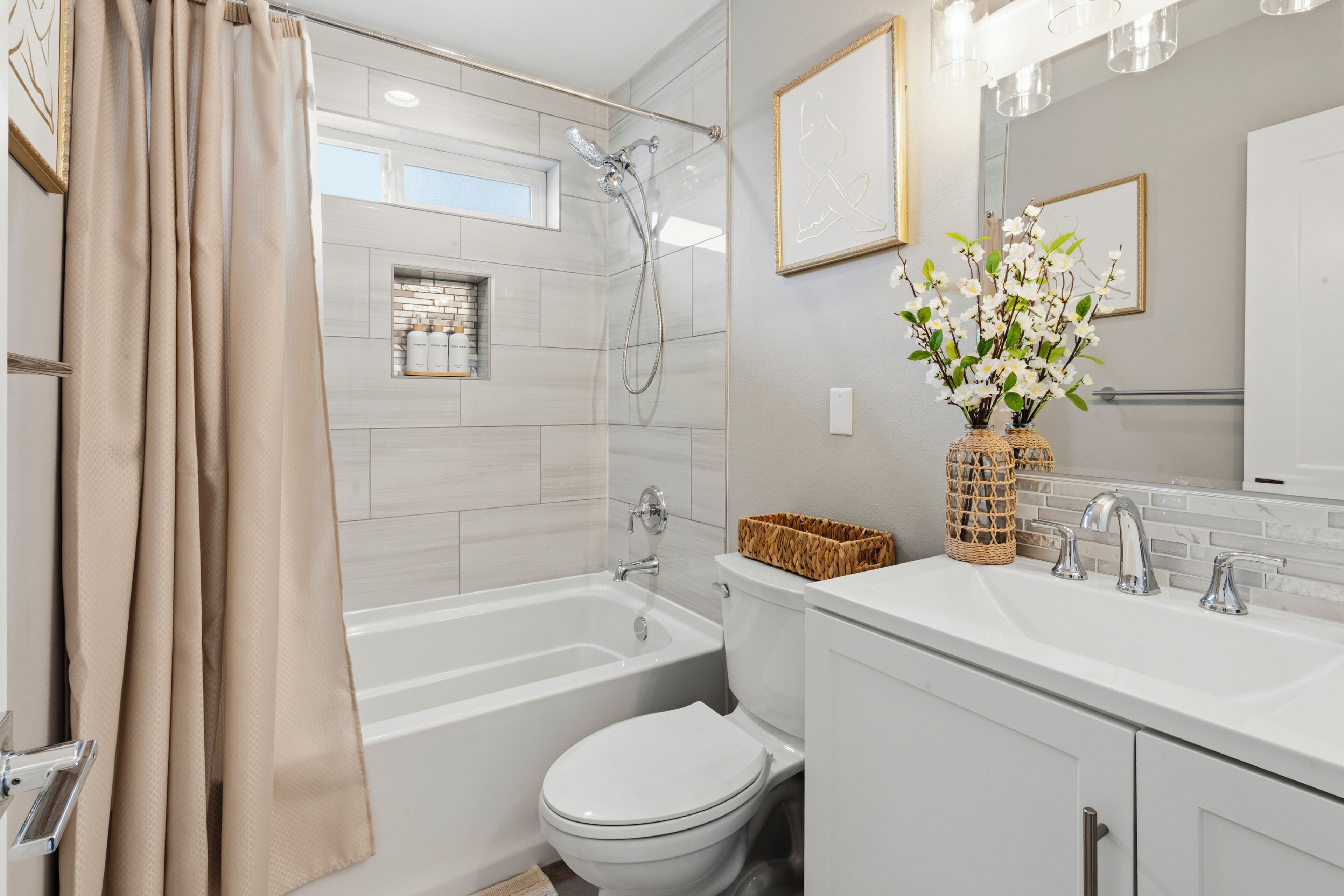 Hair dryer, towels, soap, shampoo