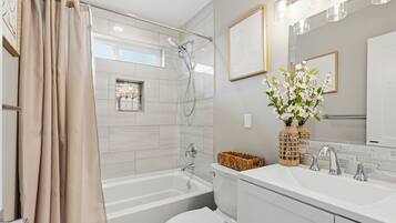 Hair dryer, towels, soap, shampoo