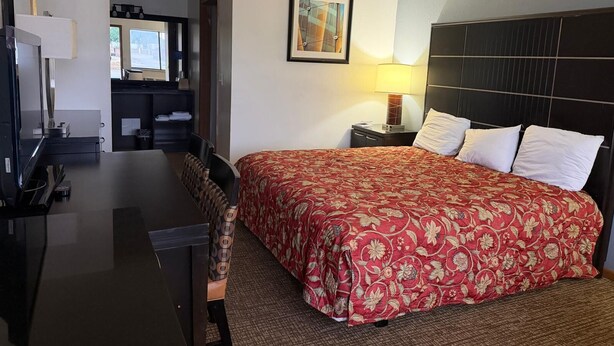 Habitación de hotel con cama, escritorio, silla, televisión y un cuadro en la pared.