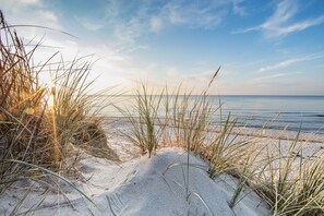 Ein Strandweg, der zum Meer führt, mit Sand und Gras.