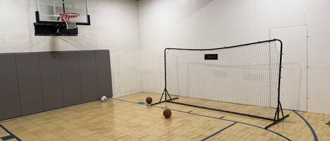 A basketball court with a netted goal area, a basketball hoop, and a ball on the floor.