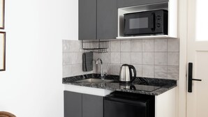 A compact kitchen with a built-in microwave, a kettle, and a sink. - Acassuso Suites (Acassuso)