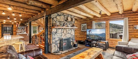 Smart TV, chimenea, libros y estéreo