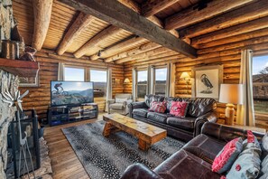 Smart TV, chimenea, libros y estéreo 
