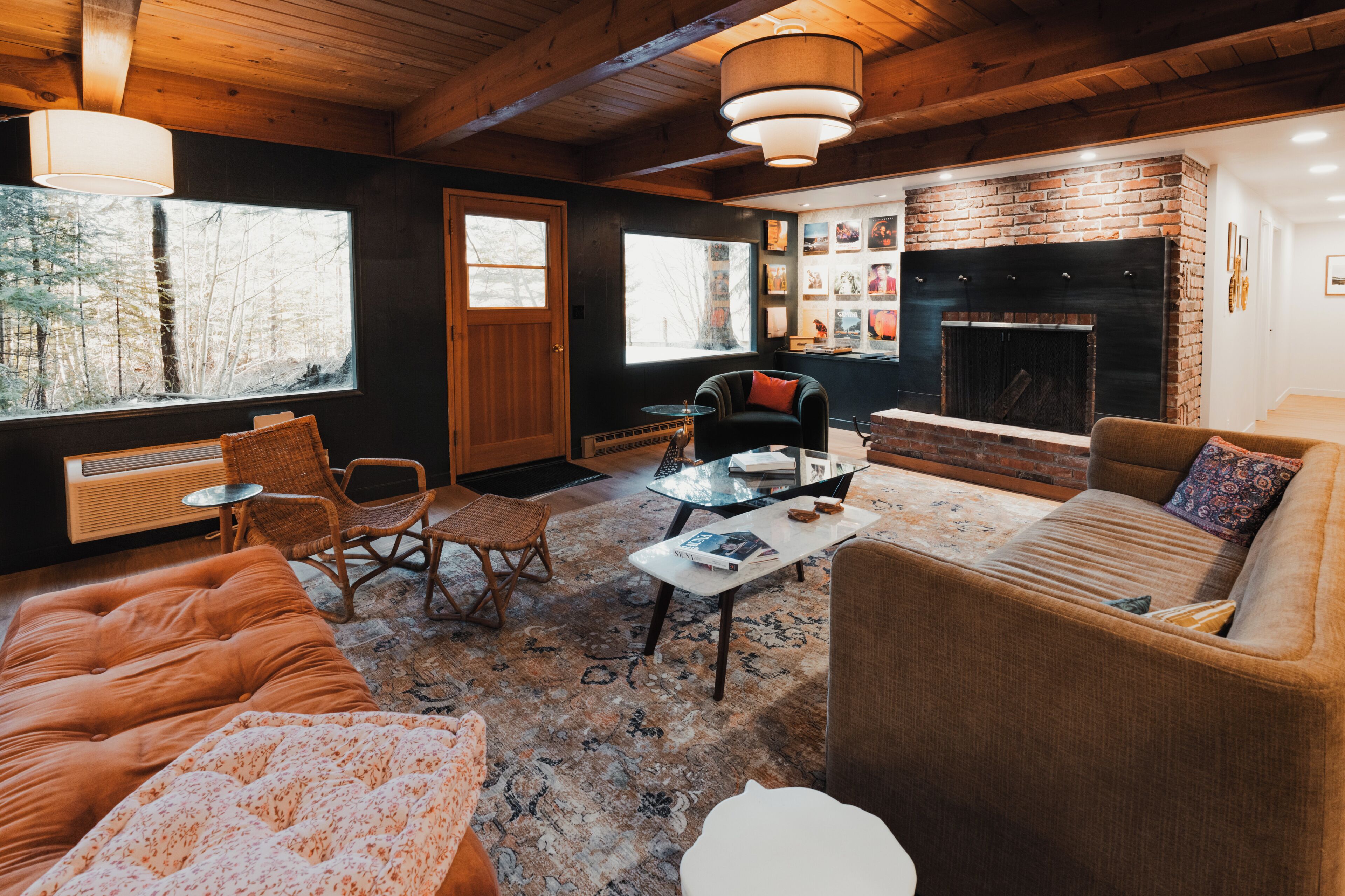 Fireplace, books, music library