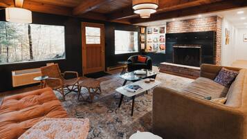 Fireplace, books, music library
