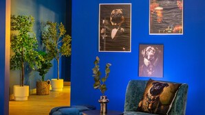 A room with a blue wall, a blue sofa, a round ottoman, and a small table with a vase. There are framed pictures on the wall. - Casino 2 - Sauna Whirlpool Game-zone (Hoehr-Grenzhausen)