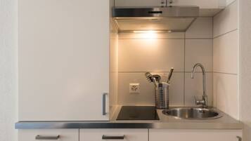 Fridge, microwave, dishwasher, cookware/dishes/utensils