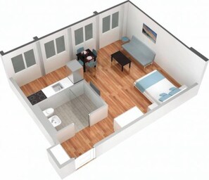 Modelo 3D de una habitación de hotel compacta con kitchenette, un pequeño comedor, un sofá y una cama.