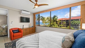 Een slaapkamer met een groot bed, een plafondventilator, een televisie, een dressoir en uitzicht op palmbomen en een gebouw.