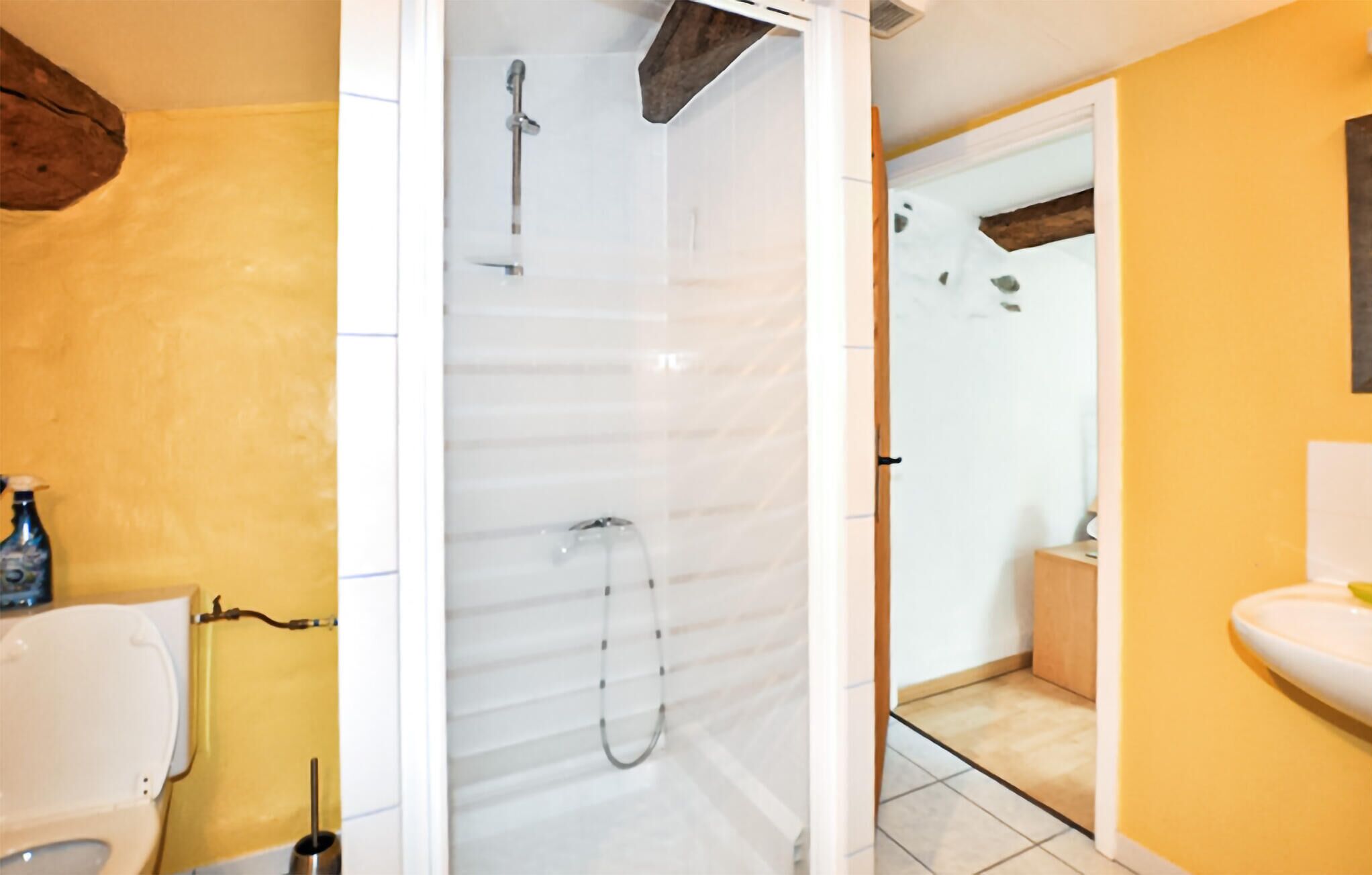 Une salle de bain avec douche, toilettes et lavabo.