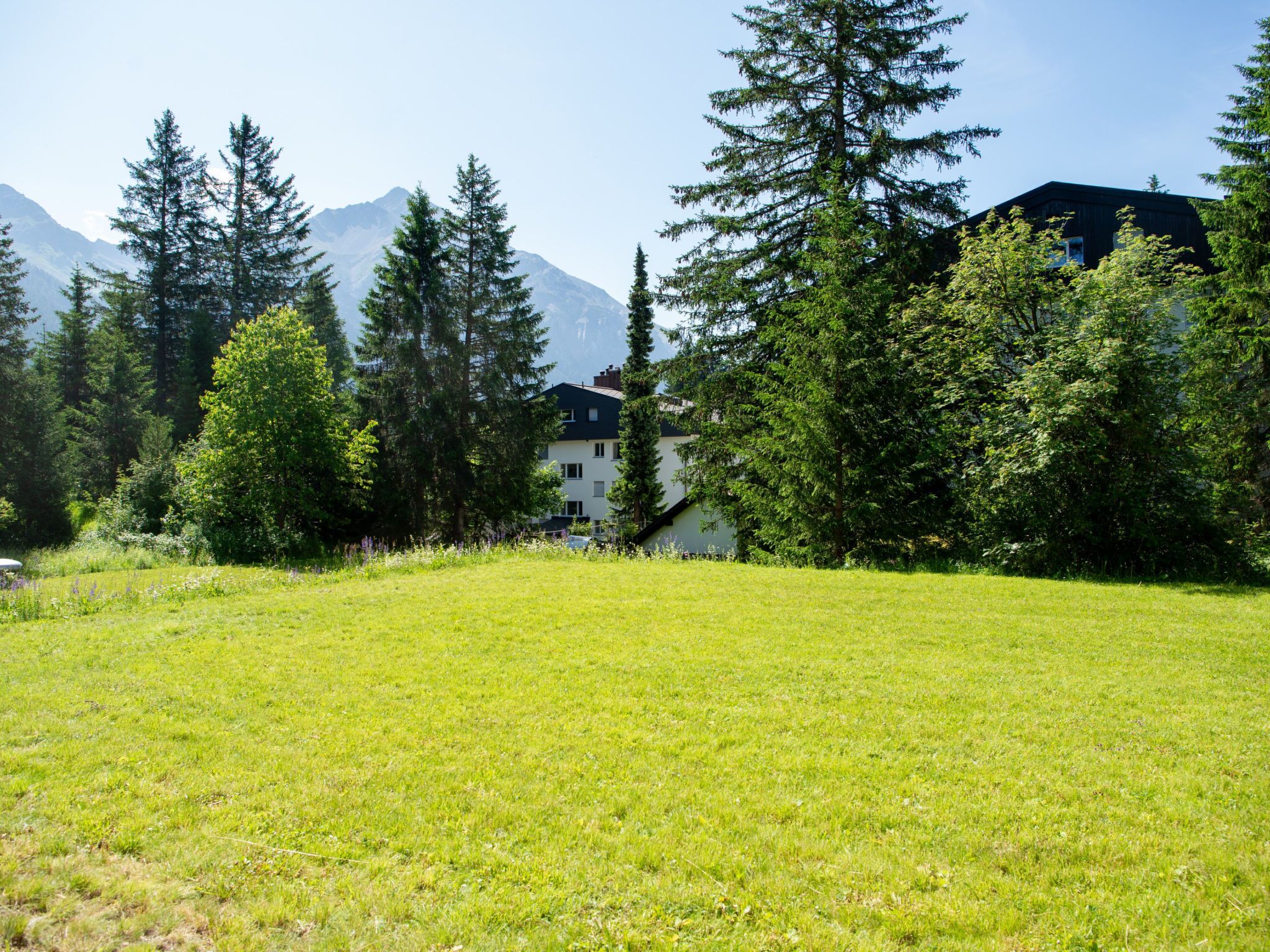 A grassy field with a building in the background surrounded by trees and mountains.