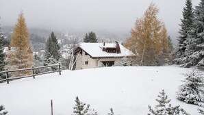Een besneeerd landschap met een huis, bomen en een hek.