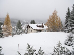 A snow-covered landscape with a house, trees, and a fence. - 1615 Bot La Pala by Interhome (Lenzerheide)