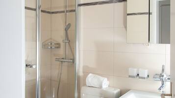 A modern bathroom with a glass-enclosed shower, a white toilet, and a dark-toned vanity with a mirror.