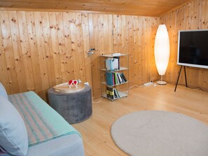 Tunnelmallinen huone, jossa on puuseinät, pyöreä matto, sohva, pieni jalkarahi, kirjahylly ja televisio, joka on sijoitettu jalustalle.