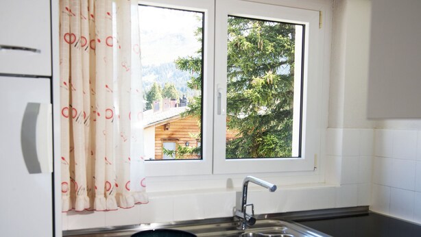 A kitchen with a stainless steel sink, a bowl, and a window with a view of trees and a building. - 1505 Chesa Katja by Interhome (Valbella)