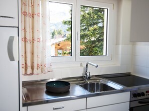 Uma cozinha com uma pia de aço inoxidável, uma tigela e uma janela com vista para árvores e um edifício.