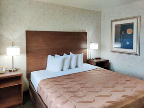 Een hotelkamer met een groot bed, twee nachtkastjes, een wandklok en een ingelijst schilderij.