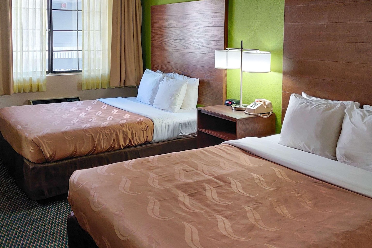 A hotel room with two beds, a nightstand with a lamp and phone, a window with curtains, and a green accent wall.