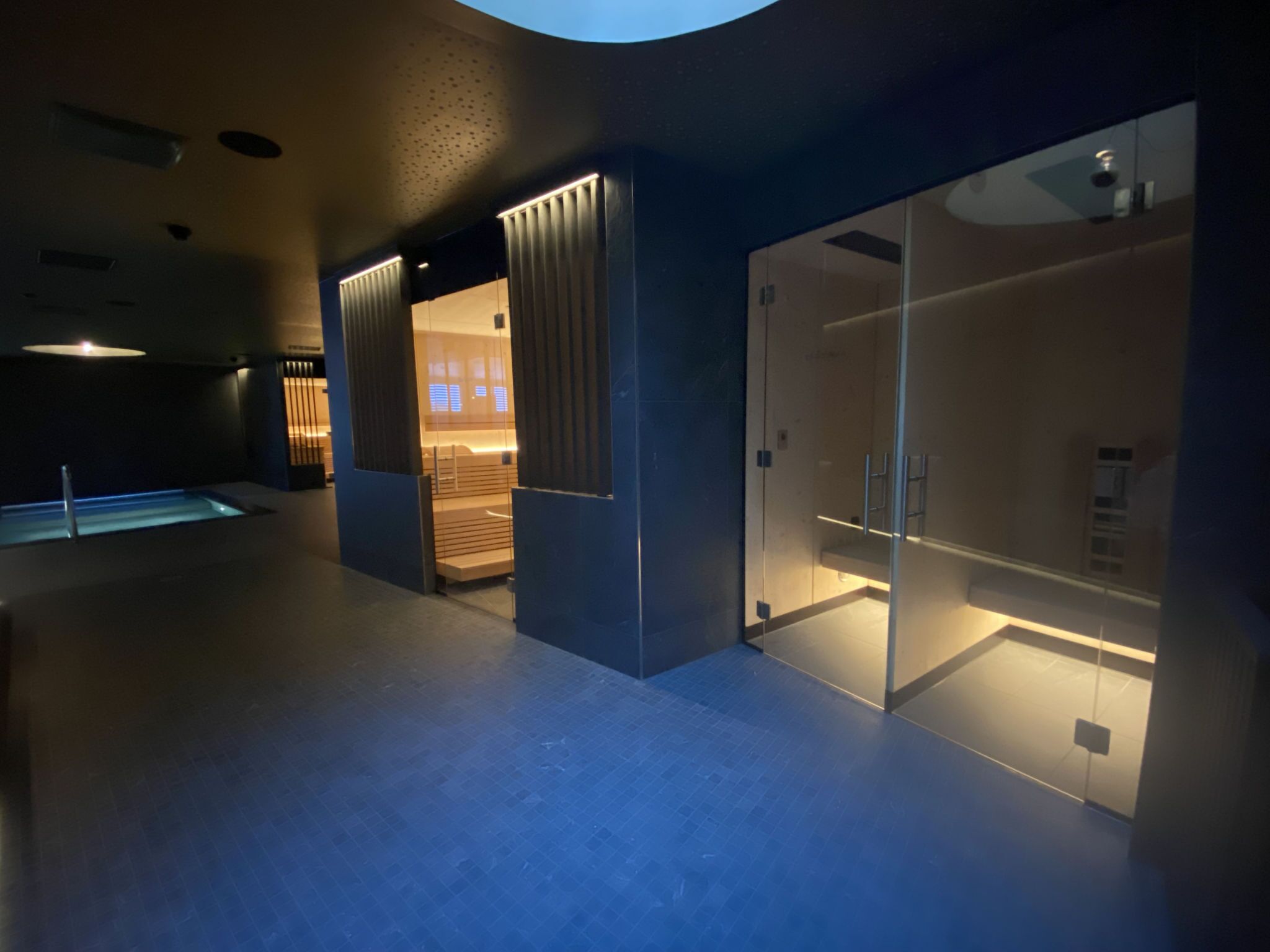 Ein modernes Interieur mit Schwimmbad, einem durch eine Glaswand abgetrennten Raum und einer Holzbank-Ecke.