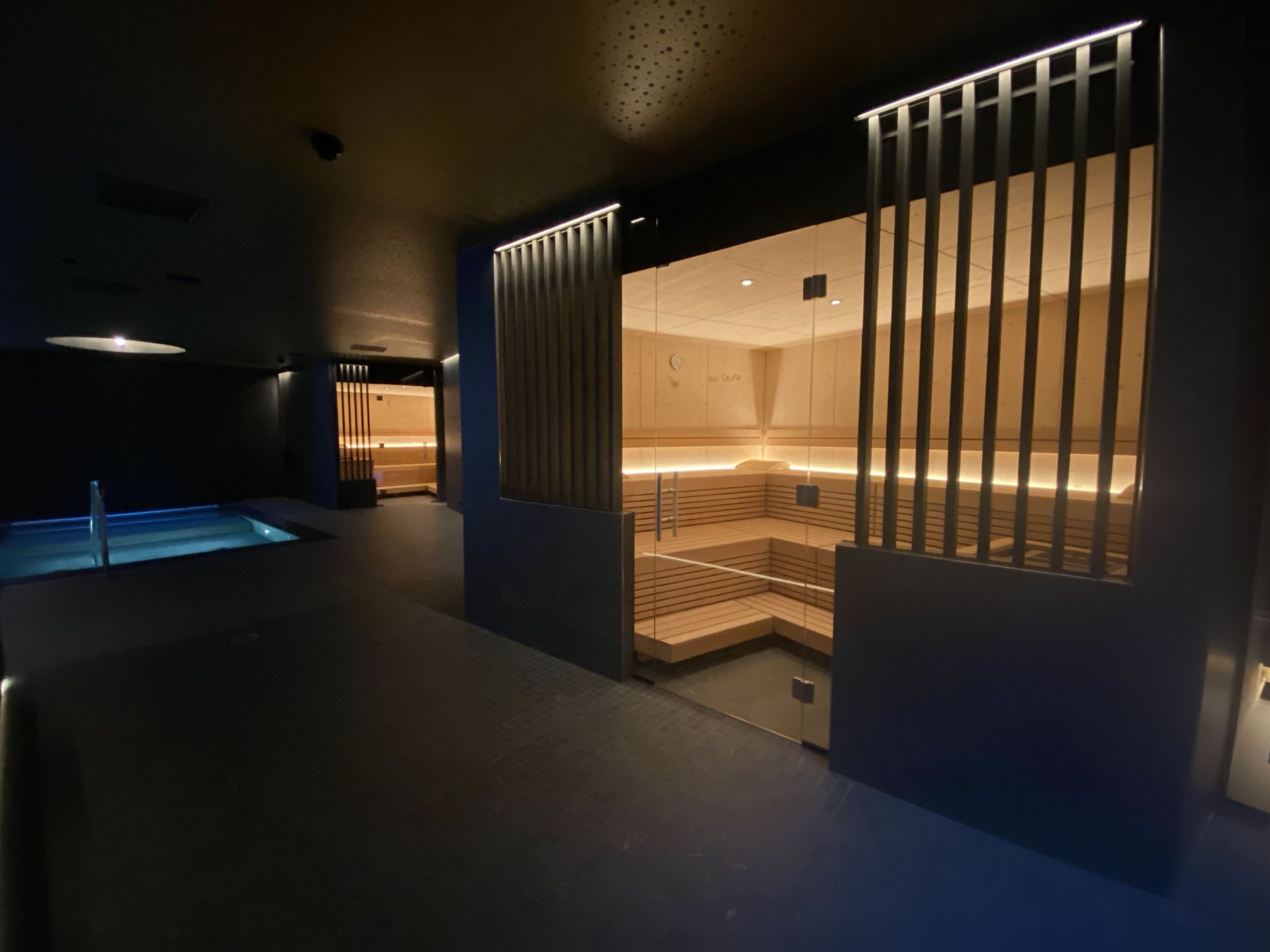 Ein moderner Wellnessbereich mit Sauna, Pool und Ruhezone.