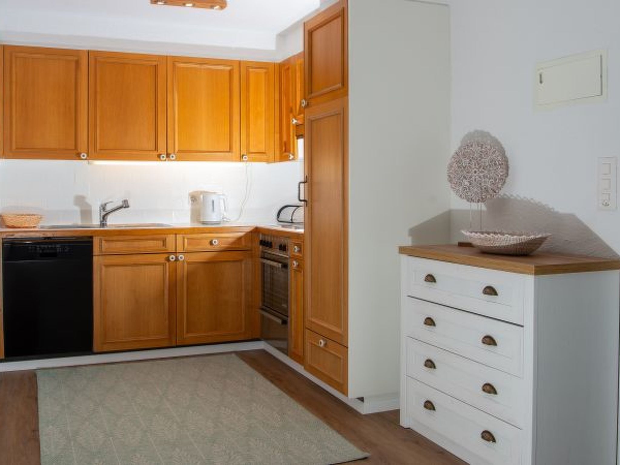 Fridge, oven, dishwasher, cookware/dishes/utensils