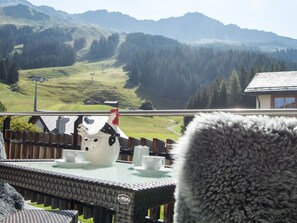 Un balcon donnant sur un paysage montagneux, une théière blanche, deux tasses et un objet duveteux au premier plan.
