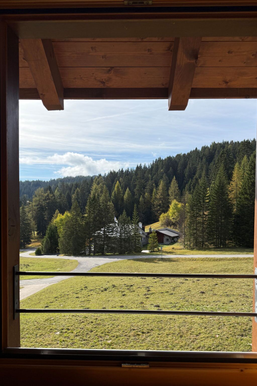 Blick aus einem Gebäude mit Holzbalkendecke auf eine bewaldete Gegend mit einer Straße und einem Gebäude.