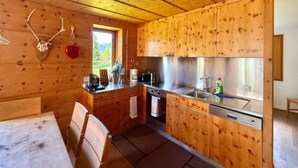 Un intérieur en bois comprenant un espace cuisine, avec un évier, une cuisinière et des placards.