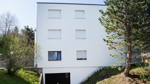 Un edificio moderno de dos pisos con techo plano, un garaje y un pequeño jardín delantero con un árbol.
