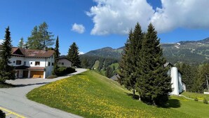 Una casa con garaje, rodeada de un área verde con flores amarillas, y una cadena montañosa al fondo.