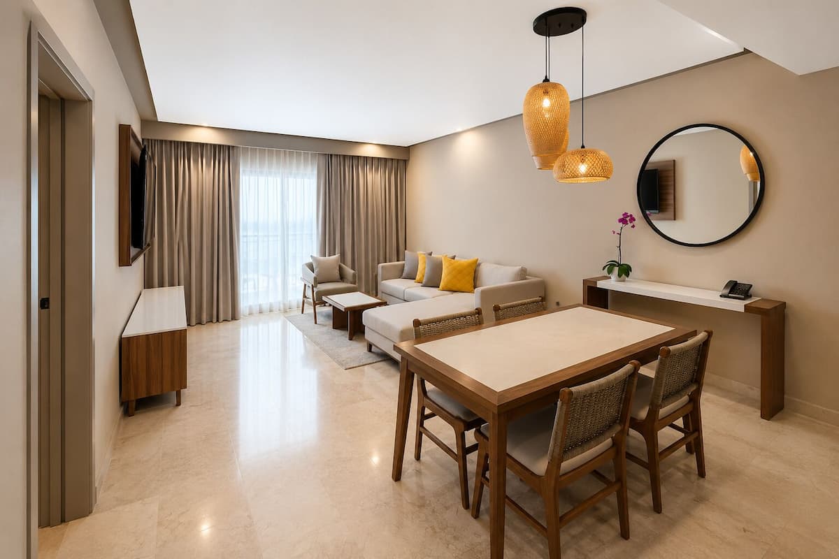 A modern hotel room with a dining area, sofa set, and a large mirror.