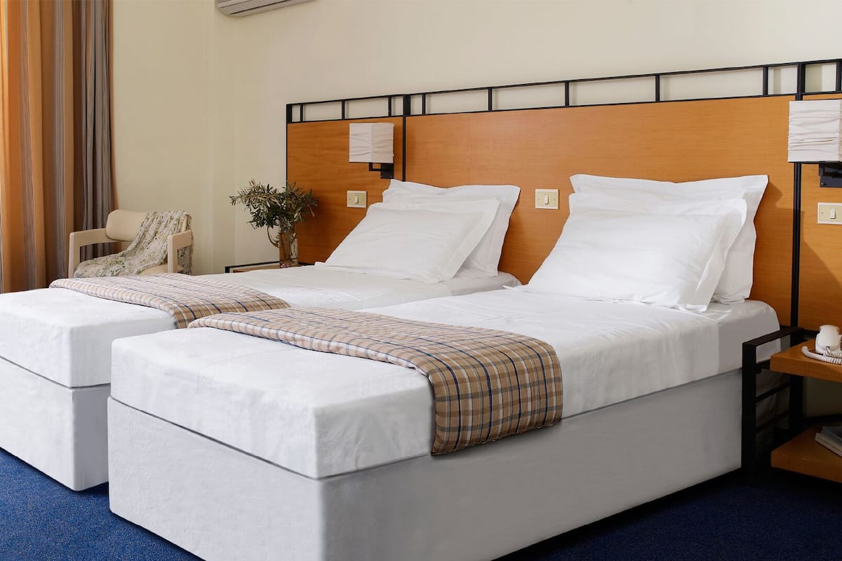 A hotel room with two beds, a chair, a small table, and a plant.