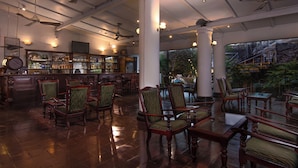 Un espace bar avec des chaises et des tables en bois, un comptoir de bar orné de bouteilles, et une vue sur un espace extérieur agrémenté de plantes.